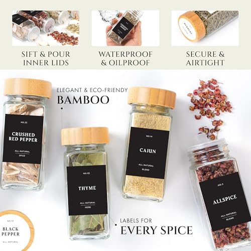 Thick Glass Spice Jars With Bamboo Lids 4 oz, Waterproof Labels