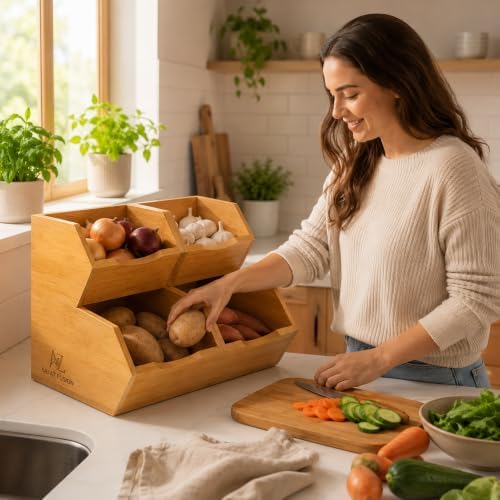 Bamboo Pantry Storage Bins - Set of 4 (2 Large, 2 Small) Stackable
