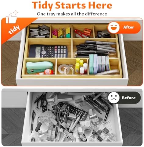 Bamboo Drawer Organizer with 9 Adjustable Compartments, Desk Storage