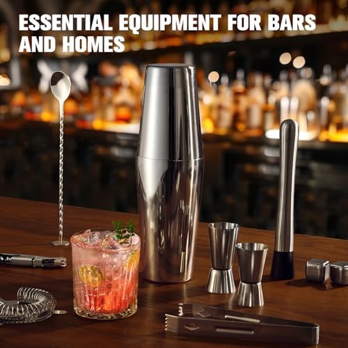 KINGROW Cocktail Shaker Set, 23 Piece Bartender Kit with Stand Silver