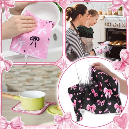 Fourluoo 8 Pcs Pink Bow Kitchen Towels Oven Mitts and Pot Holders Sets