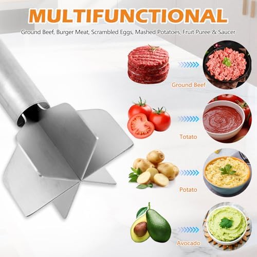 304 Stainless Steel Meat Chopper & Masher, Heavy Duty Food Grade