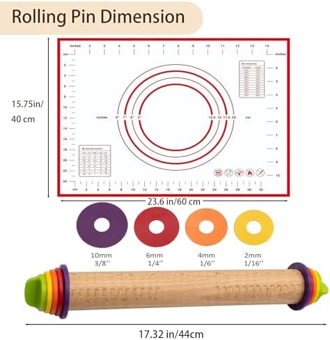 Adjustable Rolling Pin with Thickness Rings & Silicone Baking Mat