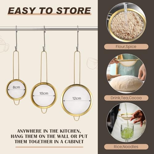 Norme 4 Quart Gold Colander and 3 Metal Fine Mesh Strainer Set