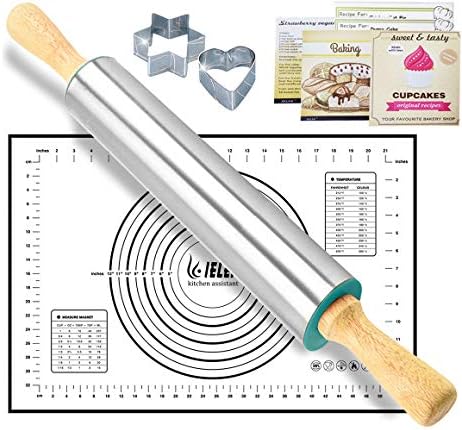 Rolling Pin and Silicone Baking Pastry Mat Combo Kit