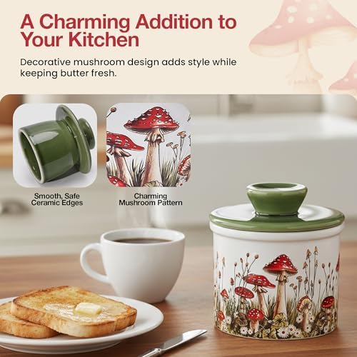 Fungi Fun Mushroom Butter Crock - Airtight Ceramic Butter Container