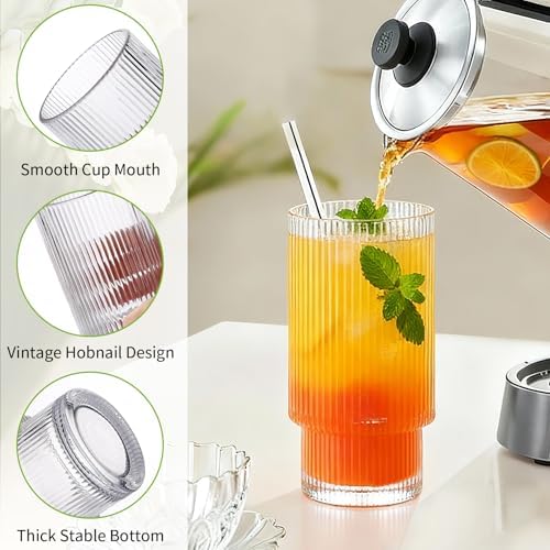 Ribbed Drinking Glasses Set of 4, Stackable Glass Cups with 2 Tall