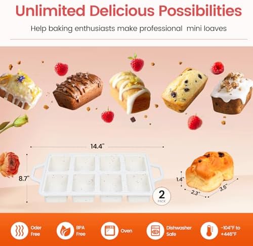 2 Pack 8-Cavity Mini Silicone Loaf Pans, BPA-Free Reinforced Rim For