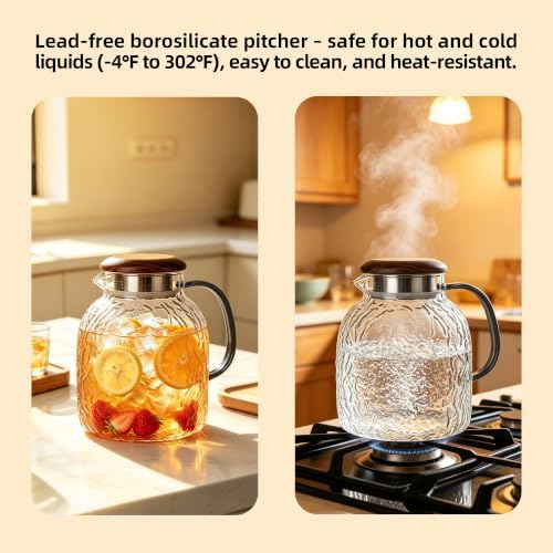 2L Square Glass Pitcher with Lid and Spout, Borosilicate Glass Carafe