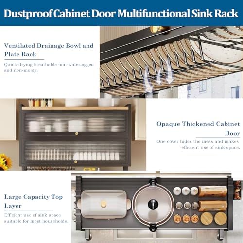 Dish Drying Rack 4 Tiers with Cover, Keep Kitchen Sink Shlef Organized Space-Saving, Large Drying Rack for Dishes, Glasses, Bowls, Cutlery Black (41.3''Double)