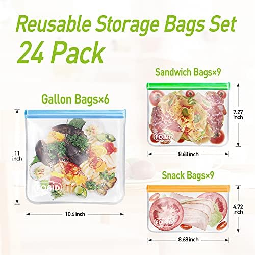 FORID 24 Pack Reusable Food Storage Bags, Silicone Gallon Freezer