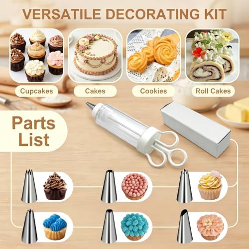 Cupcake Icing Piping Syringe, Cake Decorating Kit with 6 Stainless