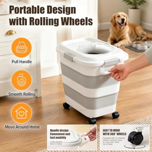 Dog Food Storage Container with Wheels, Foldable Airtight Pet Food Bin
