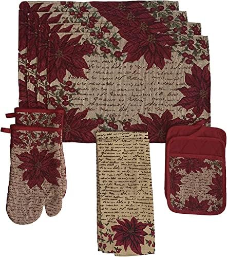 Set of 10, Red Poinsettia Flower Design Christmas Tapestry Kitchen