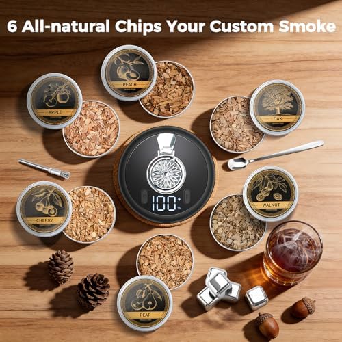 Electric Whiskey Smoker Kit - 7-Color LED, 6 Wood Flavors