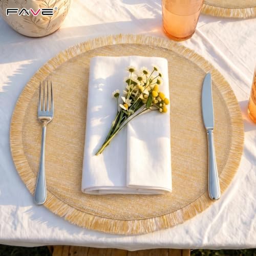 FAVE Gold Woven Placemats Set of 6, Washable Round Table Mats