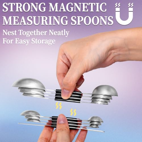 Magnetic Measuring Spoons Set of 8 with Leveler, Stainless Steel Metal