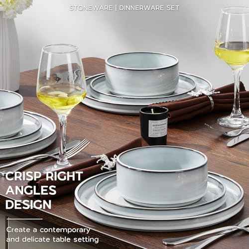 Onader Dinnerware Dishes Sets for 8, Stoneware Plates and Bowls with Unglazed Terracotta Bottom, Ceramic Kitchen Dinner Dish Set, 24 Piece - Glacier White