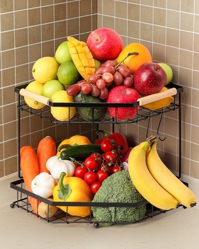 2 Tier Corner Fruit Basket for Kitchen Counter with Banana Hangers, Detachable Fruit Bowl with Wooden Handle, Metal Corner Rack for Fruit and Vegetable Storage, Kitchen Countertop Organizer