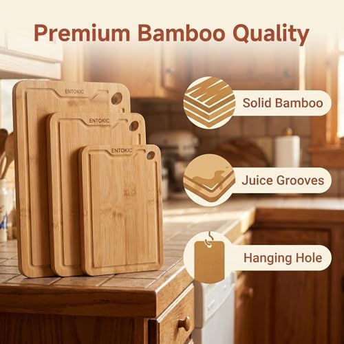 Natural Bamboo Cutting Board Set of 3 for Kitchen, Wood Chopping