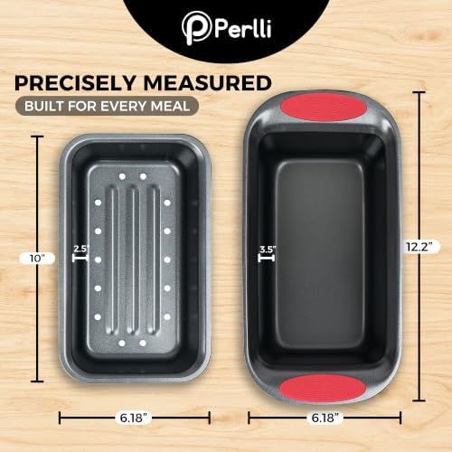 PERLLI Nonstick Meatloaf Pan with Drain Tray, Elevated Inner Pan for