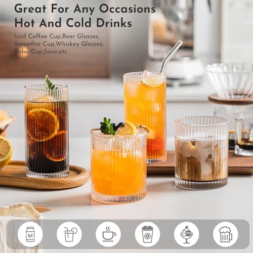 INSETLAN Set of 8 Vintage Glassware - 4 Highball Glasses 12 oz, 4