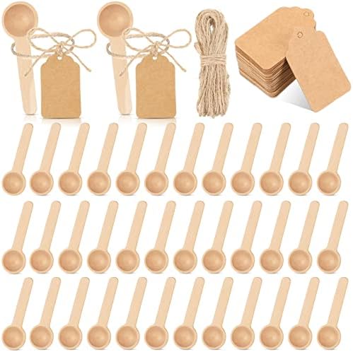 Baderke 50 Sets 3 Inch Small Wooden Spoons with Tags Twine for Honey