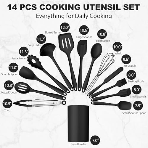 LIANYU 14 Pcs Black Silicone Kitchen Utensils Set
