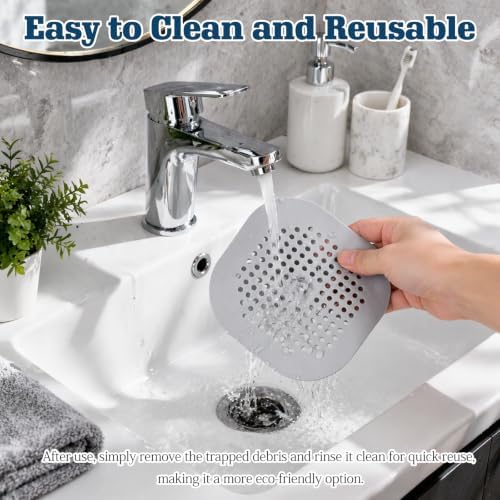 4-Pack Grey Silicone Shower Drain Hair Catchers, Square Drain Covers