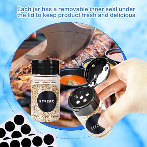 60 Pack 2.7 oz Plastic Spice Jars with Black Lids and Labels Empty