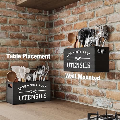 Extra Large Black Wooden Cooking Utensil Holder for Kitchen Countertop