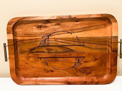 Customized Monogram Acacia Wood Tray with Handles