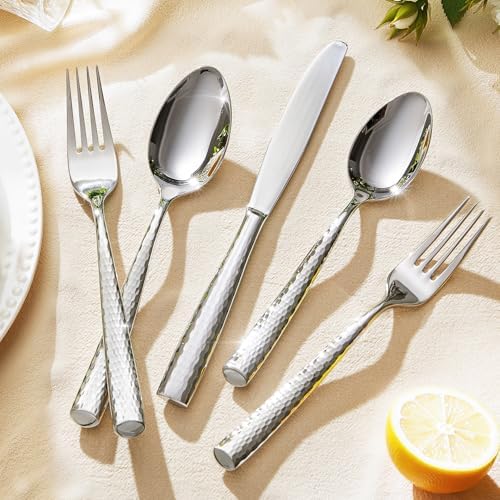 KINGSTONE Hammered Flatware Set, 60-Piece 18/10 Stainless Steel