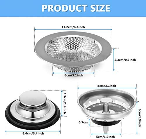 Mudder 3 Pcs Sink Plug Stopper Drain Strainer, Silver