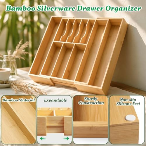 Bamboo Silverware Drawer Organizer, Expandable Utensil Tray, 17.3-30''