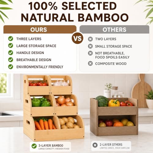 PRETYZOOM Bamboo Pantry Storage Bins with Breathable Slatted Back