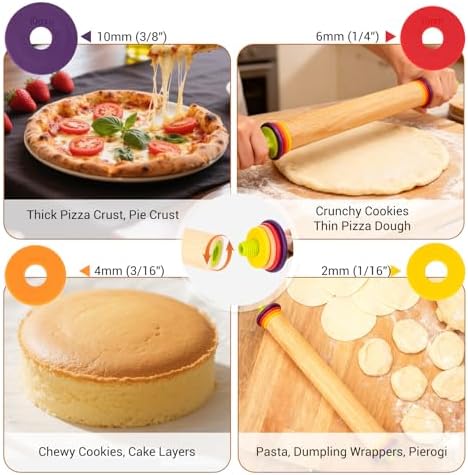 Adjustable Rolling Pin with Thickness Rings, Wooden Dough Roller & 12
