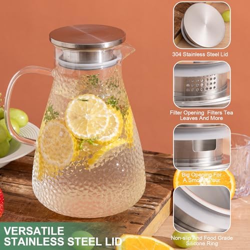 2.0 Liter 68 oz Glass Pitcher with Lid and Spout, Glass Carafe for