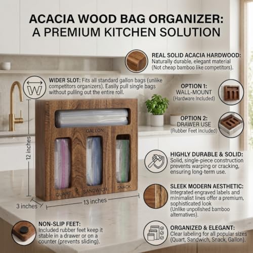 Acacia Wood Sandwich Bag Storage Box - Food Storage Bag Holder, Snack