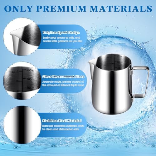 Dandat 4 Pcs Milk Frothing Pitcher 12 oz Stainless Steel Latte Art Pen