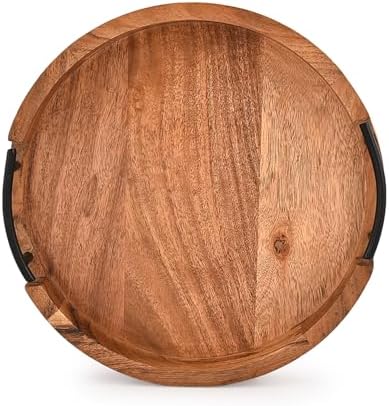 Tray Acacia Wood Round Serving Tray with Iron Handles for Coffee Table