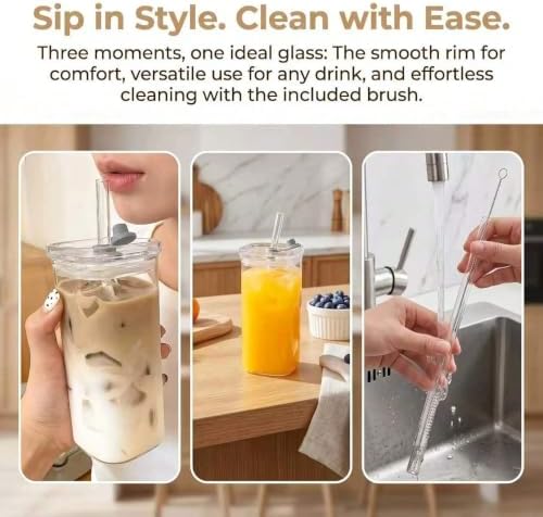 13oz Square Glass Cups with Lids and Straws, 4 Pcs Borosilicate Glass