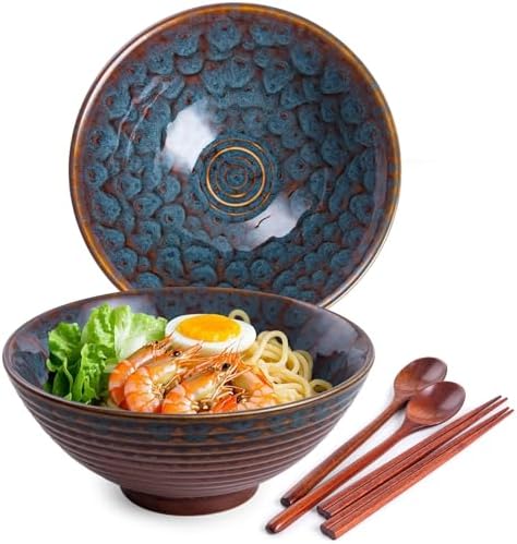 Ceramic Japanese Ramen Bowl Set, 2 Sets Asian Pho Udon Soup Noodle