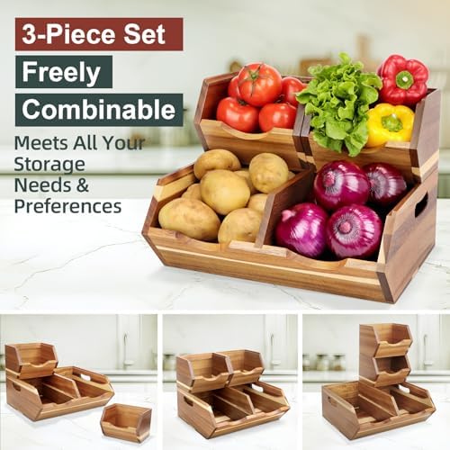 Acacia Wood Pantry Storage Bins, Stackable 3-piece set
