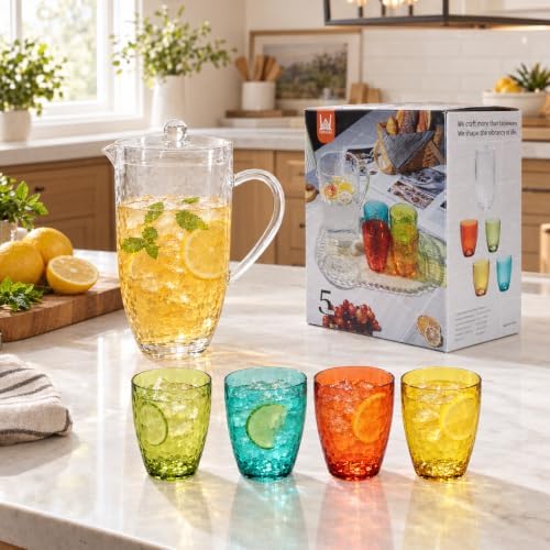 Plastic Pitcher with Lid and 4 Tumblers Set, 92oz Acrylic Water