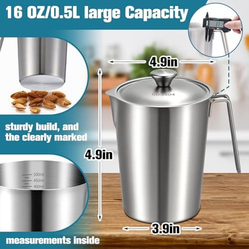 2 Pcs 16 oz Stainless Steel Pitcher with Lid(2 Cup, 500 ML)
