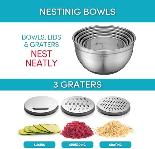 Mixing Bowls with Lids Set of 5 - Stainless Steel Nesting Metal Bowl