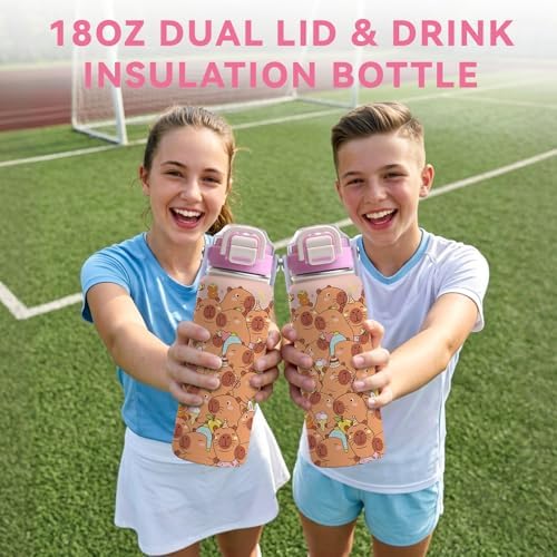 Capybara 18oz Insulated Water Bottle, 2-in-1 Lid, Gift for Girls