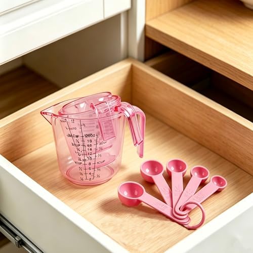 Pink Plastic Measuring Cup and Spoons Set