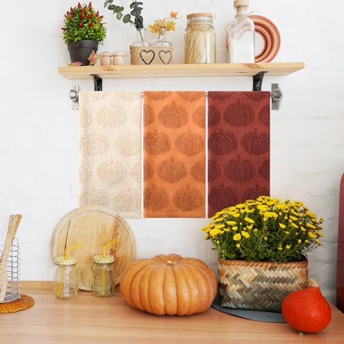 Whaline 3 Pcs Fall Hand Towel Beige Orange Brown 3D Pumpkin Jacquard